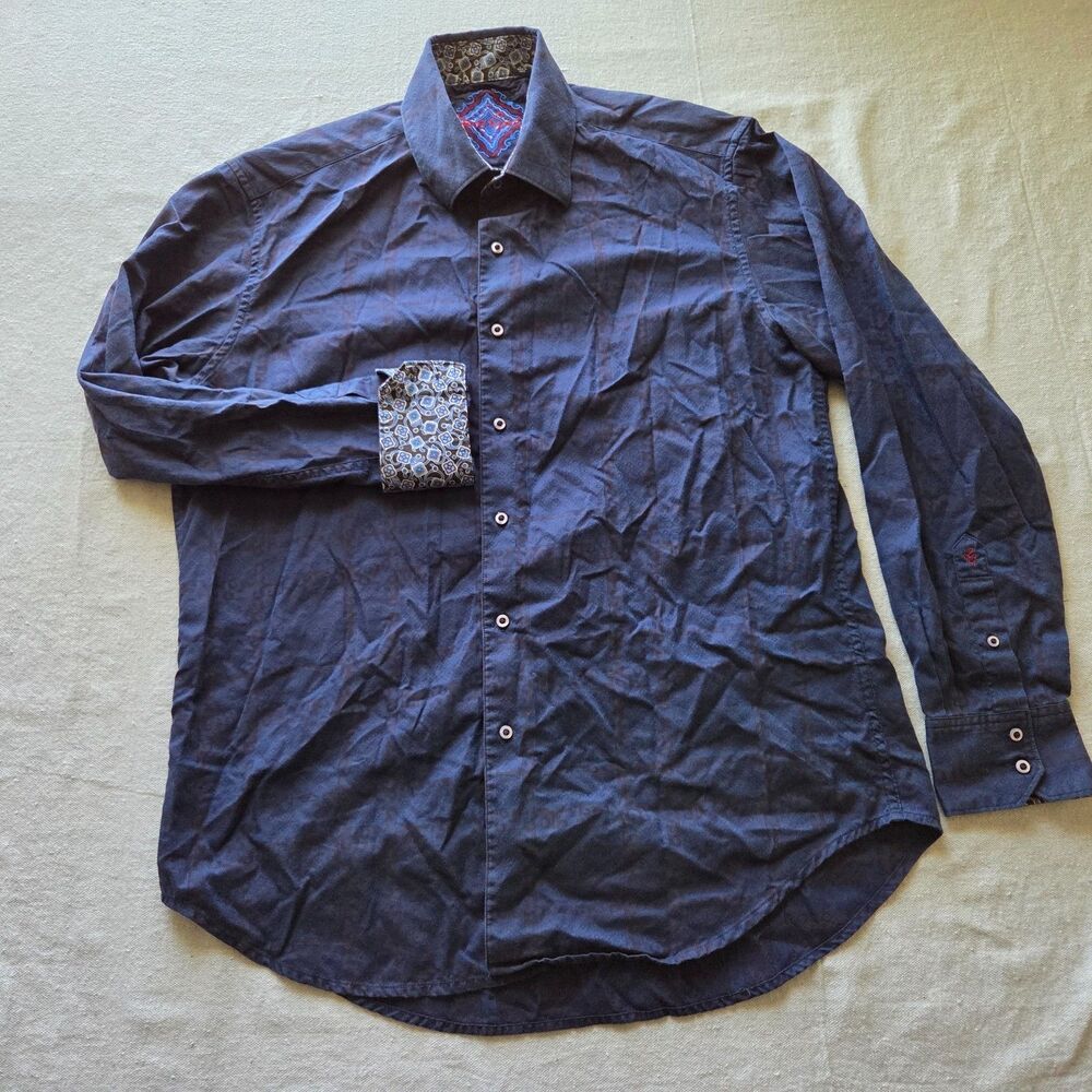 Robert Graham Shirt Mens Large Blue Paisley Embroidered Accent Long Sleeve
